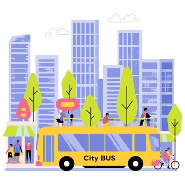 A cartoon-style illustration of a vibrant city bus driving down a bustling urban street. The bus is bright yellow with large windows, and it has "City Bus" written in bold letters on the side. Surrounding the bus are tall skyscrapers with reflective glass facades, showcasing a variety of colors and shapes. Pedestrians of diverse backgrounds are walking along the sidewalks, and a few bicycles are parked nearby. Colorful storefronts line the street, featuring signs and awnings in different hues. Above, a clear blue sky is visible with a few fluffy white clouds.