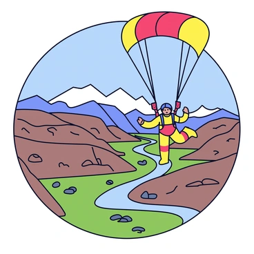 A skydiver in a colorful jumpsuit is descending through the air. The parachute is open above, displaying a vibrant pattern of red and yellow. Below, the vast valleys of Ladakh are visible, characterized by rugged mountains, sparse vegetation, and winding rivers. The terrain is a mix of brown and green with patches of rocky outcrops. In the distance, snow-capped peaks rise against a clear blue sky. The scene captures the dynamic motion of the skydiver against the breathtaking landscape below.