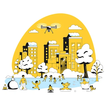 A drone flying over a cityscape where buildings are blanketed in fresh white snow. Below, people are engaged in various winter activities, such as children building snowmen, adults ice skating on a frozen pond, and families having snowball fights. Trees are adorned with snow, creating a picturesque winter scene. The sky above is clear and bright, enhancing the joyful atmosphere of the bustling winter day.