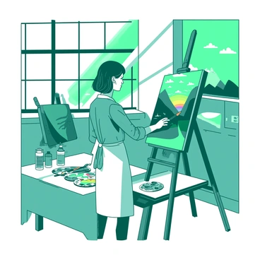 A teal artist wearing a white apron is standing next to a wooden easel, focused on painting a canvas. The easel is holding a colorful landscape scene, with vibrant colors depicted on the canvas. Sunlight is streaming through large windows, creating bright highlights in the art studio. The walls of the studio are adorned with various paintings, and there are brushes and paint tubes scattered across a white table nearby. The artist's hair is loosely tied back, and a palette with an assortment of colors is held in their left hand while a brush in their right hand touches the canvas.