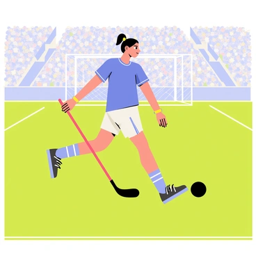 A field hockey player wearing a bright blue jersey and white shorts is dribbling a black ball down a green pitch. The player's hair is tied back in a ponytail, and they are wearing shin guards and a pair of black shoes. The player is focused, with their stick positioned low to the ground as they maneuver the ball. In the background, there are white goal posts at either end of the pitch and a large crowd cheering in the stands.