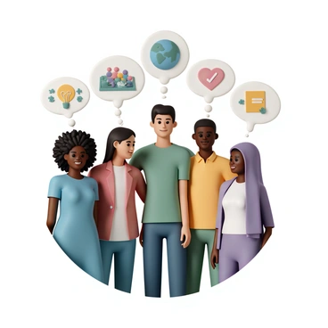 A group of five people standing together in a circle, each person representing a different ethnicity. The first person, a Black woman with curly hair wearing a blue dress, has a thought bubble above her head containing a lightbulb and gears, symbolizing innovation. The second person, a Hispanic man in a green t-shirt, has a thought bubble with a globe and arrows, indicating global awareness. The third person, an Asian woman with long straight hair dressed in a red blazer, has a thought bubble featuring a heart and a group of diverse people, representing community. The fourth person, a Caucasian man in a yellow polo shirt, has a thought bubble with a book and a pencil, symbolizing education. The fifth person, a Middle-Eastern woman in a purple scarf and white top, has a thought bubble showing a tree and leaves, representing sustainability. Each thought bubble is colorful and distinct, visually illustrating the variety of ideas being shared among the group.