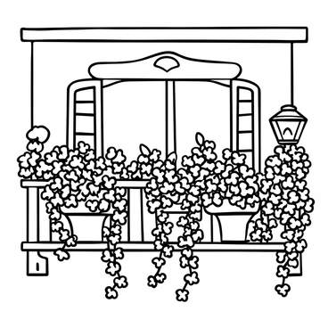 A balcony decorated with cascading geraniums in hanging planters