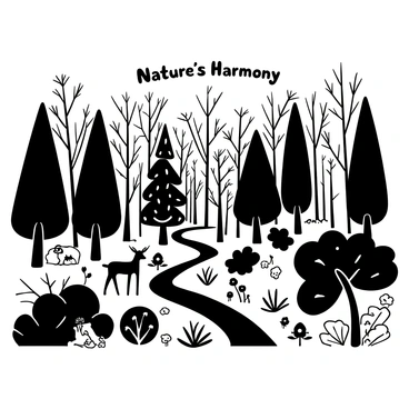 A black-and-white illustration of a dense forest filled with various types of trees, including tall pines, broad-leaved oaks, and slender birches. The ground is covered with ferns, wildflowers, and patches of mushrooms. Several animals are present, including a deer standing near a bush, a rabbit hiding among the underbrush, and birds perched on the branches of trees. In the background, a small stream flows gently, surrounded by rocks and more greenery. "Nature's Harmony" is written at the top of the image.
