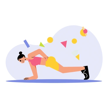 A cartoon-style illustration depicting a "pike push-up" exercise. The scene shows a character in an athletic outfit positioned in a pike push-up pose, with their hips raised high and feet resting on the ground. The character has a focused expression, showcasing strength and determination. Surrounding the character are various geometric shapes, including colorful triangles and circles, adding dynamic energy to the scene. The background incorporates a light blue gradient, enhancing the focus on the exercise while maintaining clarity and simplicity.