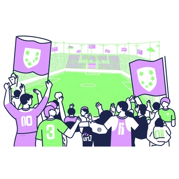 A group of fans is gathered in a soccer stadium, displaying their enthusiasm. Each fan is wearing clothing in team colors, including jerseys and hats. Some fans are holding large flags with their team's emblem, waving them energetically in the air. The stands are filled with people cheering, and there are scattered signs supporting the team. In the background, the soccer field is visible, complete with goalposts and a grassy pitch. The atmosphere is lively, filled with expressions of excitement and anticipation.