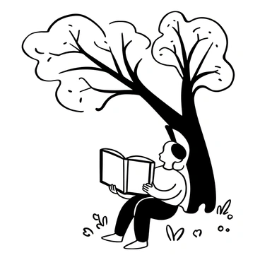 A character resembling a small, rabbit-like figure sitting under a tree. The figure is holding a large picture book open in its hands. The tree has a thick trunk and sprawling branches with leaves. The ground beneath the tree is covered with grass and small flowers. A few fallen leaves are scattered around the base of the tree. The scene conveys a sense of calm and tranquility as the character enjoys the book.