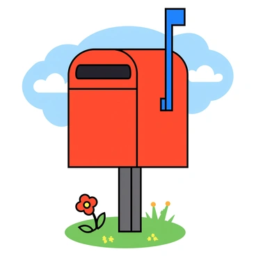 A classic mailbox designed in a retro pixel art style, featuring a sturdy, square shape with a top lid. The mailbox is rendered in vibrant colors, predominantly a bright red body with a contrasting blue flag raised on the side. The front of the mailbox displays a rectangular opening for mail, surrounded by a pixelated border. The mailbox sits on a grassy patch with a few pixelated flowers scattered nearby, and a blue sky is seen in the background, filled with fluffy white clouds.
