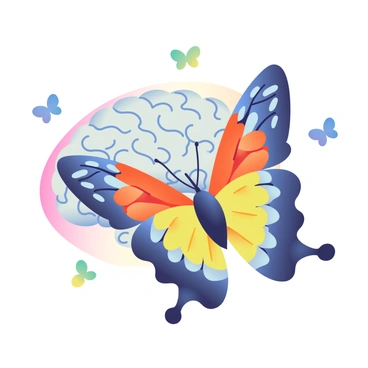 A brain that transforms into a butterfly, showcasing transformation from logic to creativity