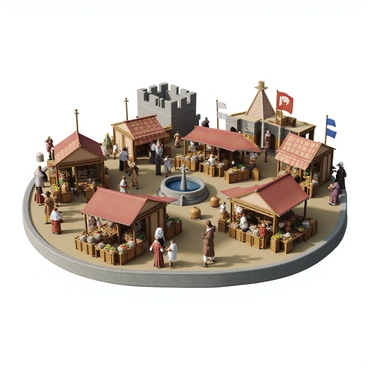 A bustling medieval market scene with numerous stalls made of wooden frames and colorful awnings. Merchants are actively selling their goods, including baskets of fresh fruits and vegetables, bolts of fabric, and handmade pottery. Townsfolk, dressed in period-appropriate attire such as tunics and dresses, are walking through the market, carrying bags and engaging in conversation. In the background, a stone fountain adds to the lively atmosphere, while banners flutter in the gentle breeze, enhancing the sense of a busy marketplace.