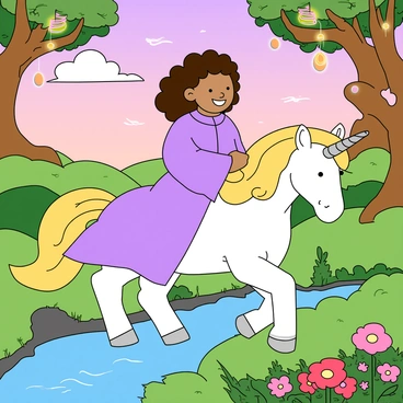 A young girl with curly brown hair, wearing a long flowing robe in shades of lavender, is riding a majestic unicorn. The unicorn has a shiny white coat, a flowing golden mane, and a spiraled silver horn that glistens in the light. They are traversing through a mystical landscape filled with vibrant green hills and colorful flowers. In the background, there are large, whimsical trees with swirly branches and glowing orbs hanging from them. The sky is painted in soft pink and purple hues, with fluffy clouds lazily floating by. A shimmering stream runs beside them, reflecting the magical scenery. The girl has a joyful expression on her face, enjoying the adventure.