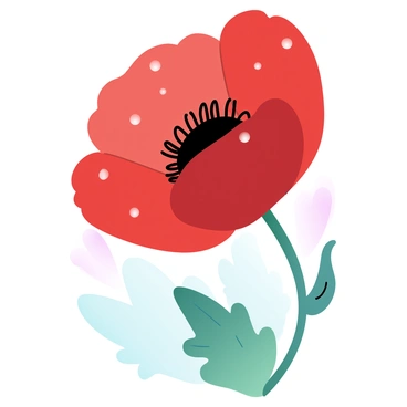 A close-up of a poppy flower with vibrant red petals. The petals are adorned with glistening raindrops that reflect light, creating a sparkling effect. The background consists of soft, blurred green foliage that enhances the flower's vivid colors. The flower is standing tall, with a few delicate leaves visible at the base.