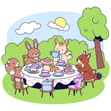 A whimsical tea party set up in a lush green forest clearing. A small round table is covered with a colorful tablecloth and surrounded by tiny chairs made of twigs. On the table are several delicate teacups in various pastel colors, each with intricate floral patterns. Sitting around the table are various forest animals: a curious rabbit with large ears, a playful squirrel with a bushy tail, and a gentle deer peeking over the table. There are pastries and a teapot shaped like a mushroom, adding to the enchanting atmosphere. Sunlight filters through the trees, casting playful shadows on the ground.