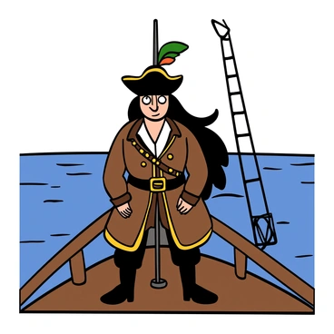 An anime pirate captain with tan skin and long, flowing black hair stands confidently on the deck of a ship. The captain wears a detailed ornate coat with gold trim over a white shirt, a belt with a large buckle, and high leather boots. A tricorn hat sits atop their head, adorned with a colorful feather. The character gazes intently at the horizon, their bright, expressive eyes reflecting determination. The ship's deck is wooden, with ropes and sails visible, and the ocean stretches out, shimmering under the sunlight, creating a sense of adventure and freedom.