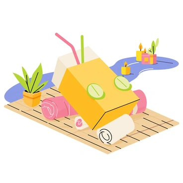 A juice box relaxing in a spa setting, with cucumber slices on its 'eyes'.