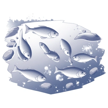 A river filled with small, aggressive piranhas. The fish are seen with their sharp teeth bared, creating a sense of urgency and tension. They are swimming in a swirling pattern as they chase after scattered food debris. Water splashes around them, with bubbles rising to the surface. The riverbank is dotted with rocks and foliage, creating a natural setting. The overall scene conveys the intense and chaotic nature of a feeding frenzy.