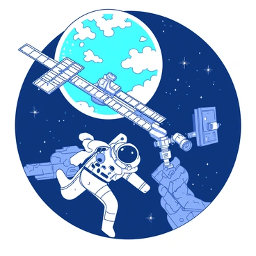 An astronaut in a white space suit is floating in the vastness of space near a large metallic space station. The space station features multiple solar panels extending outward and several modules connected in a complex structure. Behind the astronaut, the Earth is visible, showing vibrant blue oceans and fluffy white clouds. The curvature of the planet creates a stunning backdrop, adding depth to the scene. The stars twinkle in the dark expanse of space, enhancing the sense of isolation and adventure.