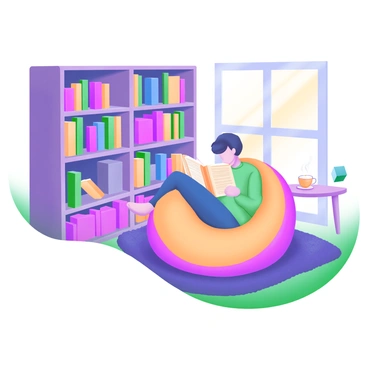 A cozy library corner featuring tall bookshelves filled with various colored books. In the center, a student sits comfortably on a large, round beanbag with a soft texture, deeply engrossed in reading a book. Nearby, a small wooden side table holds a steaming cup of tea and a pair of reading glasses. Soft, warm light filters in from a nearby window, illuminating the scene. A plush rug lies beneath the beanbag, adding to the inviting atmosphere.