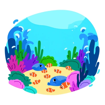 A vibrant underwater nursery filled with small, bright orange baby clownfish swimming playfully among colorful corals. The clownfish are surrounded by larger guardian fish, displaying shades of blue and green, gently watching over the babies. The scene is filled with various types of corals, including branching and bushy varieties, providing shelter and a lively habitat. Sunlight filters down through the water, creating shimmering patterns on the ocean floor. A few small bubbles rise to the surface, adding an element of movement to the tranquil underwater setting.
