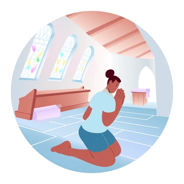 A person is kneeling in prayer on a wooden bench. The person is dressed in simple clothing, hands clasped together in front of them. Soft, warm light filters through stained glass windows, casting colorful patterns on the stone floor. The interior of the chapel has wooden beams and a high ceiling, adorned with candles that flicker gently. In the background, a small altar is visible, with an elegant white cloth draped over it.