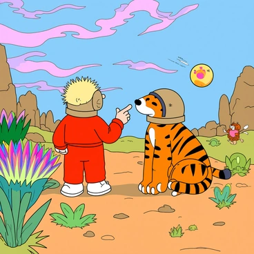 Calvin, a young boy with spiky blonde hair, and Hobbes, a large orange and black striped tiger, are wearing makeshift astronaut helmets made from cardboard boxes cut into rounded shapes. They are standing on a vivid alien planet with a bright blue sky filled with swirling pink and purple clouds. The ground is covered in oversized, colorful vegetation, including enormous flowers with rainbow petals and strange, spiky plants in shades of teal and lime green. In the background, there are unique rock formations shaped like whimsical creatures. Calvin is pointing excitedly at a peculiar, floating orb nearby, while Hobbes looks curiously at a bright, hopping creature with big eyes. The scene captures a sense of adventurous exploration and imagination.