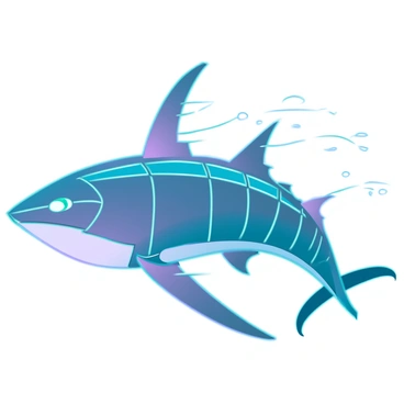 A large sea creature with a streamlined body constructed of polished, reflective metal. Its torso is segmented, showcasing intricate patterns that highlight its futuristic design. The creature's fins are angular, with sharp edges that resemble blades, enhancing its agile appearance. Glowing elements pulse along its sides, emitting shades of blue and green light, creating an ethereal effect in the ocean water. Its eyes are luminous orbs, radiating a soft glow that contrasts with the metallic surface. The creature glides gracefully through the water, trails of bioluminescence marking its path.