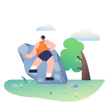 A boulderer with short, dark hair is climbing a large, rugged rock formation. He is wearing a bright orange tank top and black climbing shorts, and he has chalk dust on his hands. Beside the rock, there is a lone green tree with a thick trunk and a full canopy of leaves. The field surrounding them is vast and open, with varying shades of green grass stretching out in all directions. The sky above is clear with a few fluffy white clouds. A small number of wildflowers can be seen in the grass, adding splashes of color to the scene.