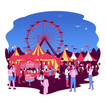 A vibrant carnival scene is illuminated by a mixture of red and yellow lights, creating a festive atmosphere at night. The centerpiece of the carnival is a large Ferris wheel, brightly lit with alternating red and yellow bulbs. Surrounding the Ferris wheel are various stalls featuring colorful decorations, with brightly colored flags fluttering in the gentle night breeze. Crowds of people are enjoying themselves, with some holding cotton candy and others playing games. The sky is a deep blue, contrasting against the vibrant colors of the carnival lights.