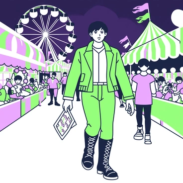 Conan is walking through a bustling carnival filled with vibrant stalls and lively attractions. He is wearing a rugged leather jacket and a sturdy pair of boots, with a determined expression on his face. In his right hand, he holds a small piece of parchment with a map that leads to a hidden clue. Around him, colorful lights illuminate various carnival games and food vendors, with people enjoying cotton candy and popcorn. To his left, a clown performs tricks for a small crowd, while in the background, a Ferris wheel turns slowly under the night sky, adding to the festive atmosphere. Conan’s focused gaze scans the surroundings as he makes his way through the crowd, weaving between families and friends, all while keeping an eye out for anything out of the ordinary.
