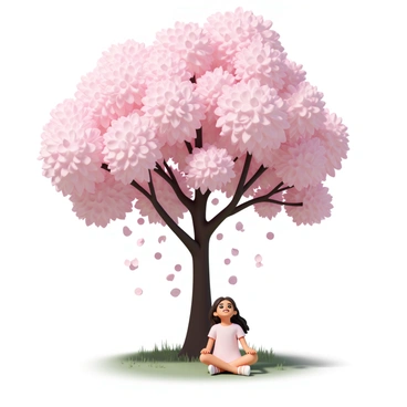 A young girl, wearing a light pink dress and white sandals, is sitting cross-legged on the grass beneath a large cherry blossom tree in full bloom. The tree is adorned with vibrant pink flowers, and numerous petals are gently falling around her, creating a soft carpet of pink on the ground. The girl has long, flowing hair that cascades over her shoulders, and she is looking up at the blossoms with a joyful expression. Sunlight filters through the branches, casting dappled shadows around her.