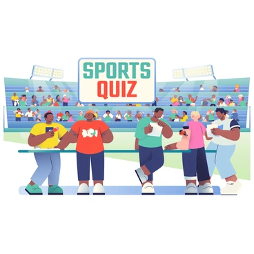 A large stadium filled with rows of seats occupied by enthusiastic fans. In the foreground, several participants with varying skin tones are standing around a long table, each holding a clipboard. They are dressed in colorful sports-themed t-shirts representing different teams. The participants are focused on discussing quiz questions, with some pointing at their clipboards and others jotting down notes with pens. Bright stadium lights illuminate the scene, casting clear shadows on the ground, while a large scoreboard displaying "Sports Quiz" is visible in the background.