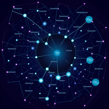A detailed star map displaying a vast expanse of stars and celestial bodies against a dark backdrop. Various pulsars are marked with bright, glowing dots, each pulsar radiating distinctive colors like blue, green, and yellow, creating a visual contrast against the starry sky. The map includes connecting lines representing constellations, and intricate labels identifying each pulsar's name and coordinates. Faint, swirling nebulae and distant galaxies add depth to the scene, enhancing the cosmic atmosphere.