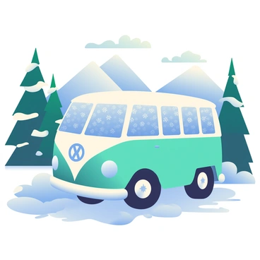 A classic VW bus with a rounded shape and vibrant turquoise color is parked in a snowy winter landscape. The windows of the bus are frosted over, with intricate ice patterns forming on the glass. Surrounding the bus, a thick layer of fresh snow blankets the ground, glistening in the cold sunlight. Tall pine trees, dusted with white snow, rise in the background, creating a serene winter atmosphere. The sky above is a soft blue, with a few fluffy white clouds gently floating by. A set of snow-covered mountains can be seen in the distance, adding depth to the scene.