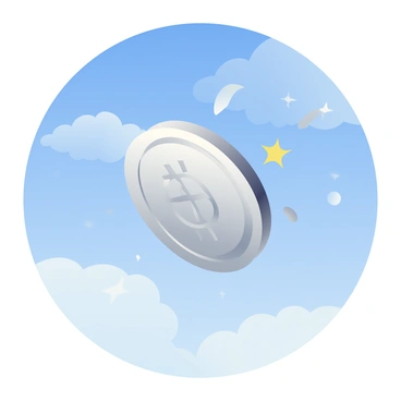 A shiny silver coin is captured mid-flip, spinning in the air. The coin reflects sunlight, creating bright glints on its surface. The background is a vibrant blue sky, with a few soft white clouds scattered throughout. The coin is positioned in the center of the image, showcasing its detailed engravings and edge. The overall scene conveys a moment of action and anticipation as the coin flips towards an unseen landing spot.