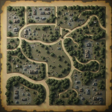 A gritty map of a post-apocalyptic world depicting various geographical features. The map includes large areas marked with "abandoned cities," represented by crumbling buildings and debris, with faded outlines and outlines of structures. "Survival zones" are indicated with a different texture, featuring makeshift shelters and resources, surrounded by dense, overgrown vegetation. Various paths and routes connect these areas, showing potential travel routes through the wasteland. The overall tone of the map is dark and weathered, with a color palette dominated by browns, grays, and muted greens, suggesting a harsh and desolate environment.