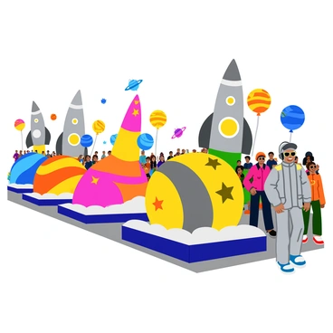 A festive parade featuring floats shaped like rockets and planets with people in atomic-era costumes.