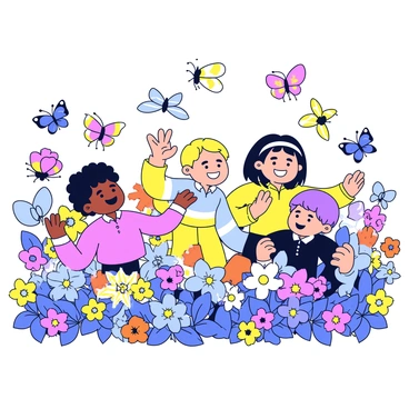 A group of children is exploring a vibrant garden filled with colorful flowers. The garden is abundant with butterflies of various sizes and patterns fluttering around. Among the flowers, there are friendly bugs such as ladybugs and caterpillars visible on the leaves. The children are smiling and reaching out to catch the butterflies, while one child is crouching down to observe a ladybug crawling on a flower petal. The scene is lively and filled with bright colors throughout the garden.