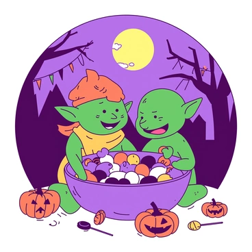 Two green goblins with mischievous grins are sitting side by side, sharing a large bowl filled with assorted colorful candies. One goblin has pointy ears and is wearing a tattered orange cap, while the other has a crooked nose and sports a yellow scarf around its neck. The bowl is overflowing with vibrant candies, including lollipops and chocolate bars. Surrounding them are various Halloween decorations, including small pumpkins with carved faces and a backdrop of purple and black streamers hanging from nearby trees. A full moon shines brightly in the night sky, casting playful shadows around the goblins and their candy.