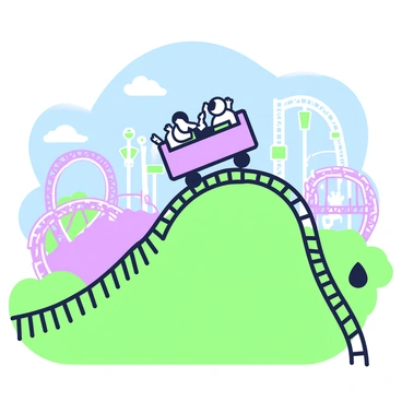 A rollercoaster cart is ascending a steep hill, nearly reaching the peak. The cart is filled with excited passengers, their hands raised in anticipation. The tracks form a zigzag pattern, leading up to the top where the cart momentarily pauses before the imminent drop. In the background, there are other sections of the rollercoaster winding through the park, and a blue sky overhead with a few scattered clouds. The surroundings include amusement park attractions and greenery, enhancing the lively atmosphere of the scene.