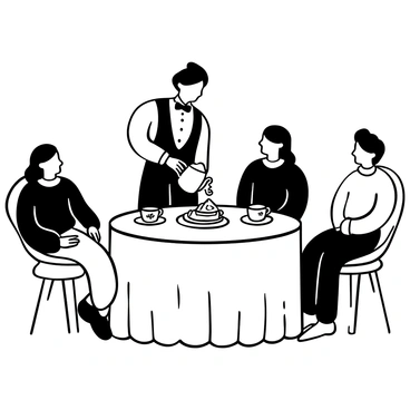 A butler in formal attire is standing at a beautifully set table, skillfully pouring tea from a silver teapot into delicate fine china cups. The cups feature intricate floral patterns, and the table is adorned with an elegant tablecloth. A tray with an assortment of snacks, such as scones and finger sandwiches, is placed nearby. Guests are seated around the table, engaged in conversation, their hands resting on the table. A teacup is poised above a saucer, waiting to be filled. The scene conveys a sense of refinement and hospitality.