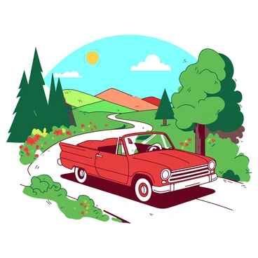 A classic car painted in red is driving smoothly down a winding road that is flanked by vibrant green trees. The sun is shining brightly in a clear blue sky, casting warm light over the landscape. There are rolling hills in the distance, and patches of colorful wildflowers are scattered along the roadside. The car has its windows down, and the driver appears to be enjoying the fresh air as they speed along the scenic route.