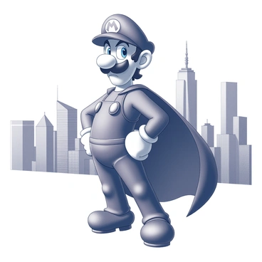 A figure of Luigi dressed in a superhero costume stands confidently, striking a powerful pose. He wears a mask that covers his eyes and a fitted suit with a prominent emblem on the chest. His arms are flexed, showcasing strength, while his cape billows behind him. In the background, a detailed city skyline is visible, featuring tall skyscrapers and various architectural styles, creating a sense of height and grandeur. The scene is set against a clear sky, enhancing the focus on Luigi and his heroic stance.