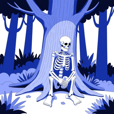 A lone skeleton is sitting against a tree in a dense, mysterious forest. The skeleton's bony hands rest on its knees, and its skull is tilted slightly to one side. The tree behind it has a thick trunk with deep grooves and expansive roots. Surrounding the tree are various plants and underbrush, adding to the sense of density in the forest. Shafts of light filter through the thick canopy above, casting shadows on the forest floor, enhancing the atmosphere of mystery. In the background, other trees rise tall, their silhouettes blending into the dim surroundings.