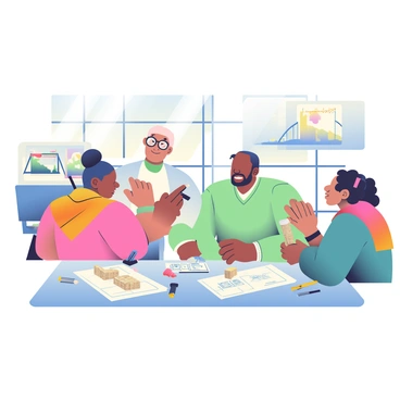 A group of architects from diverse cultures is gathered around a large table, working collaboratively on the design of a bridge. One architect, a woman with dark hair in a bun, is sketching on a large piece of white paper with a black marker. Next to her is a man with light skin and glasses, pointing at a computer screen displaying a 3D model of the bridge. Another architect, a man with medium skin and a beard, is holding a scale model of the bridge made of wood and plastic, discussing features with a woman who has curly hair and is wearing a colorful scarf. The room has large windows allowing natural light to flood in, illuminating blueprint papers and architectural tools scattered across the table.