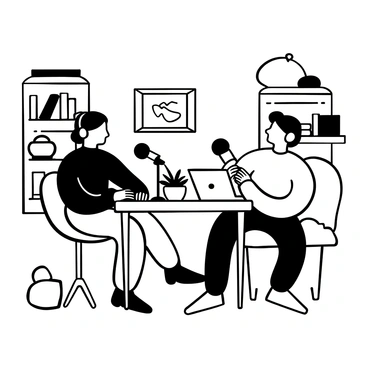 Two friends sitting at a wooden table in a cozy home studio, equipped with microphones and headphones. One friend is adjusting the microphone while the other is speaking into it. Bookshelves filled with books and various decorative items are visible in the background. A small potted plant sits on the table next to a laptop. Soft cushions are placed on a nearby couch, creating a comfortable atmosphere. The room is softly lit, enhancing the intimate setting where they are recording their podcast episode.