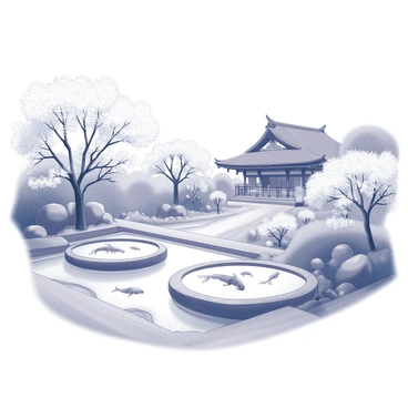A serene temple garden with koi ponds and cherry blossom trees