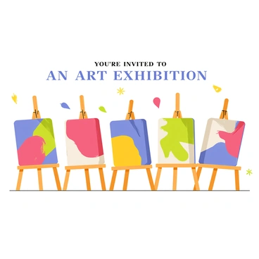 An art exhibition invitation featuring several wooden easels positioned in a row. Each easel holds a vibrant abstract painting with a variety of colors, including splashes of red, blue, yellow, and green. The background is adorned with decorative elements suggesting an artistic atmosphere. The text "You're Invited to an Art Exhibition" is prominently displayed at the top of the invitation in bold, elegant font.
