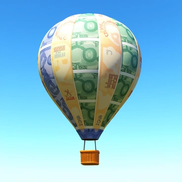 A hot air balloon constructed from various stitched bills, showcasing intricate patterns and colors from different currencies. The balloon is soaring upward, with a basket made of woven materials hanging beneath it. The sky is clear and blue, emphasizing the ascent of the balloon as it drifts away from the ground. The sunlight shines on the bills, highlighting their textures and the details of the stitching.