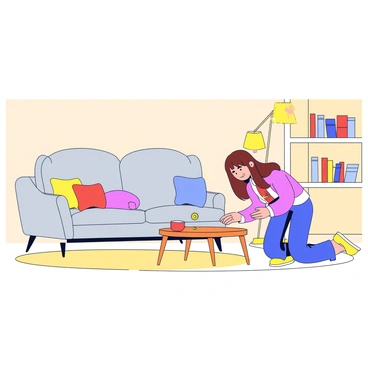 A cozy living room with warm, neutral-colored walls and a soft beige carpet. In the center of the room is a comfortable, light gray couch with plush cushions. A woman with long brown hair is kneeling beside the couch, her hands reaching under the cushions as she searches for her lost coin. A few colorful throw pillows are scattered on the couch, and there is a small wooden coffee table in front of it with a steaming cup of tea. A floor lamp with a soft glow stands in the corner, and a bookshelf filled with books is visible in the background.