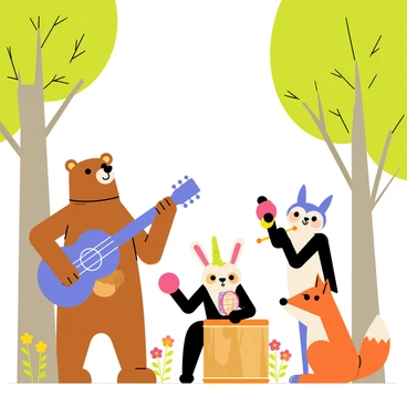 A group of animals gathered in a forest clearing, each playing a different musical instrument. A brown bear is playing a large blue guitar, while a cheerful rabbit holds a bright red tambourine. A wise owl perches on a branch, playing a small golden flute. Nearby, a playful fox taps on a wooden drum with its paws. The trees surrounding the clearing are lush and green, filtering sunlight that creates a warm atmosphere. Colorful flowers bloom at the animals' feet, adding vibrancy to the scene.